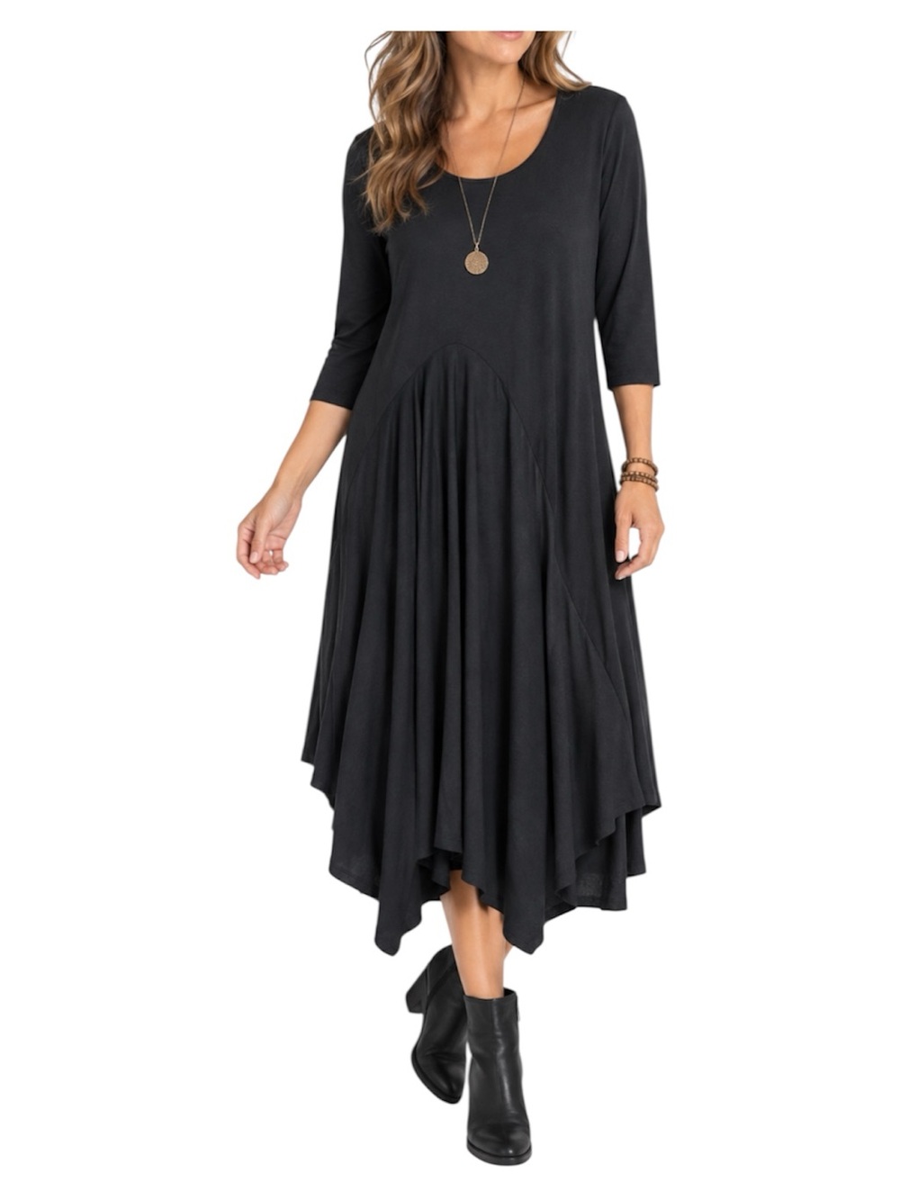 Comfy USA Black Dress Small Lagenlook Asymmetrical Hem Stretchy 3/4 Sleeve Artsy